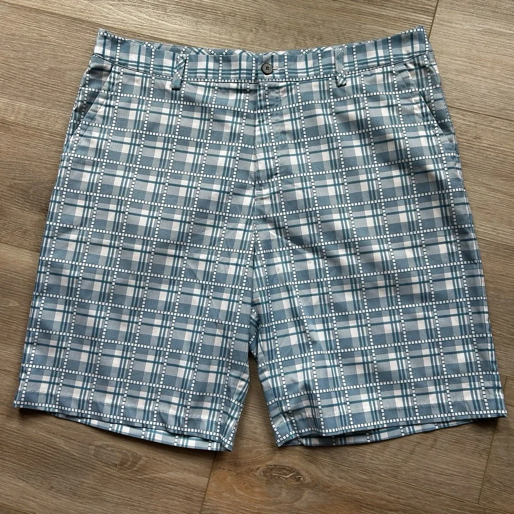 Adidas Golf Shorts‎ Men's Size 38 Stretch Poly Blue Plaid 10